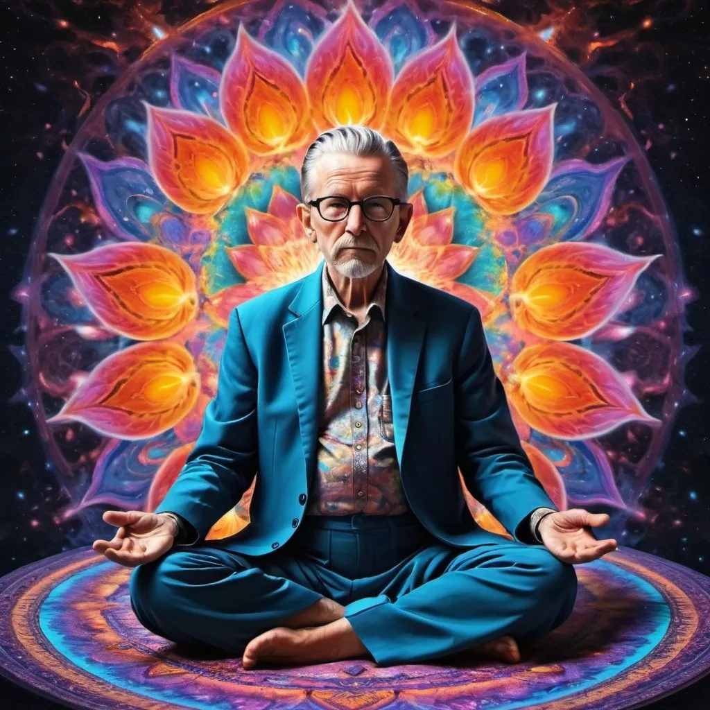 Prompt: a colorslashh An explosion of colors, hyper realistic ,liquid,, oldman sitting in a lotus position, complex stuff around, intricate in the background, Spiritual, divine, dreamlike, cosmic, mind blowing,  god, pineal gland, dream like,