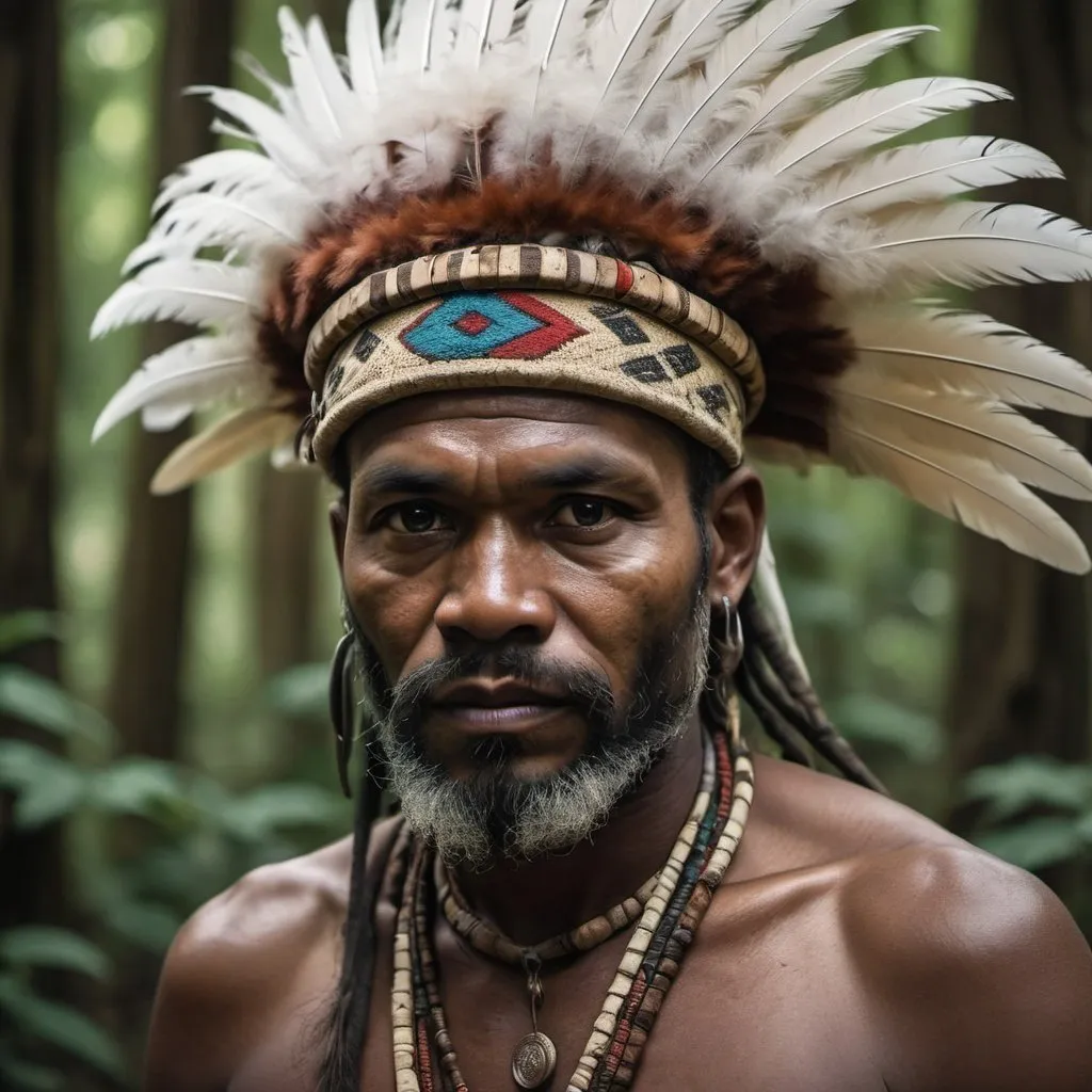 Prompt: there is a man with a feather headdress and a beard, indigenous man, ancient tribe, witch - doctor, ayahuasca shaman, african man, dramatic portraiture of namenlos, color photograph portrait 4k, 8k artistic portrait photography, anthropological photography, portrait shot, portrait shot 8 k, portrait of a forest mage, portrait of a warrior