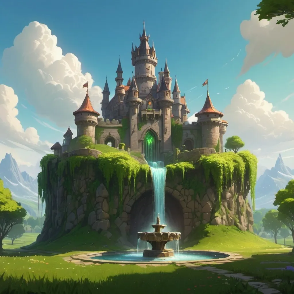 Prompt: arafed castle with a fountain in the middle of a green field, league of legends concept art, riot games concept art, unreal engine fantasy art, detailed 4k concept art, fantasyconcept art, 4 k resolution concept art, dota matte painting concept art, warcraft architecture, andreas rocha style, stunning! concept art, world of warcraft concept art