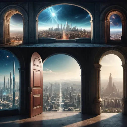 Prompt: in a panoramic view，photorealestic，The two worlds are on the left and right sides of the screen，On the left is the sci-fi modern city and army，On the right are the cities and armies of the ancient magical era，The middle of the two pictures is connected by an arched door full of mystery，Inside the arched door is the cosmic starry sky