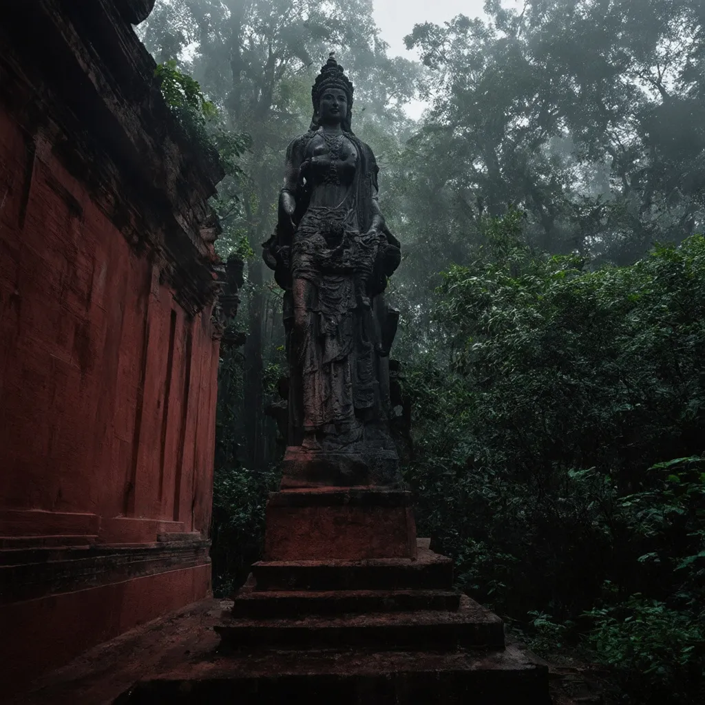 Prompt: A blood-red temple walls and floring in an ancient temple  stone statue of an ancient godess sculpture of divine gods in the rain forest mist smog and fog in the atmosphere and pure black ston temple in the forest  cinematic photoshoot realistic lightings ulta hdr 32k high resolution, smooth and delicate skin, noble and elegant, ultra-realistic photography vibe, shot with Canon camera, intricate details, 32k --ar 16:9 --s 750 --v 6.1