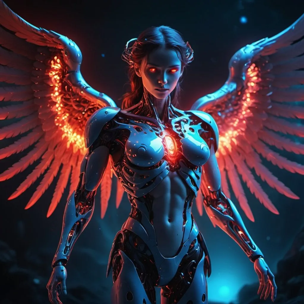 Prompt: Cosmic Fallen Angel, glowing light eyes, Biomechanical, Very bright colors, Light particles, with light glowing, Mshiff, wallpaper art, UHD wallpaper,Strong red and blue light and shadow cinematic 