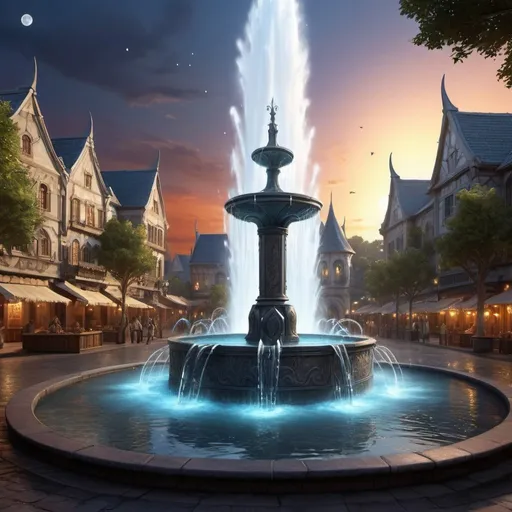 Prompt: Fantasy art, RPG art, there is an epic sized magical water fountain in an elven city town square, it has magical runes gl0w1ngR in the basin of the fountain, many rivulets of water entwined in fire, faize, the fire is combined with the water streams, its night time, moon is rising, photorealistic, 16k, RAW, award winning, (best detailed: 1.5), masterpiece, best quality, (ultra detailed), full body, ultra wide shot