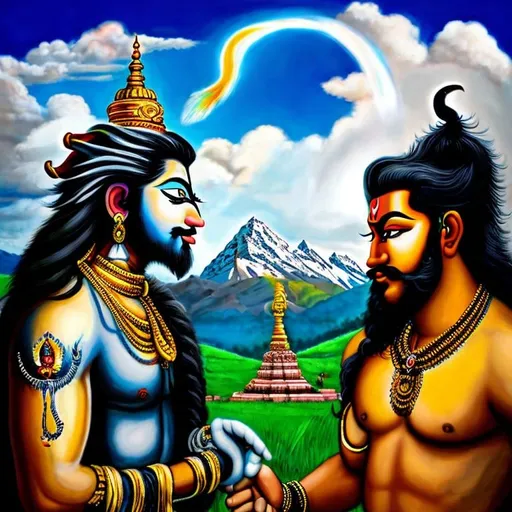 Prompt: painting of a man and a male cow with a face painted on, god shiva the destroyer, lord shiva, inspired by Kailash Chandra Meher, shiva, cyborg hindu godbody, hinduism, indian god, gawr gura, hindu aesthetic, trending on devianart, avatar image, by Sava Šumanović