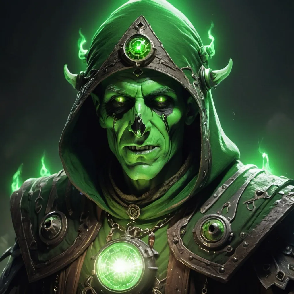 Prompt: arafed man in a green costume with a green light on his face, from vermintide 2 video game, world of warcraft elven druid, undead mage, cyborg necromancer, necromancer, benevolent android necromancer, undead lich, steampunk arcane shaman, demon necromancer, portrait of the old necromancer