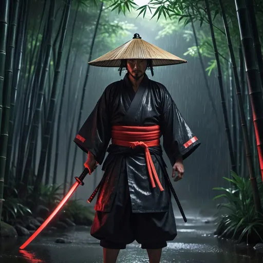Prompt: (best quality, 4k, highres, masterpiece:1.2), ultra-detailed, (realistic, photorealistic, photo-realistic:1.37), a man dressed as a samurai stands in the rain, wearing a bamboo hat (kasa) on his head. He is surrounded by a dense forest, alive with the sounds of nature. It's a moonlit night, and the darkness adds to the mysterious ambiance. The man is wearing a black kimono with neon red stripes that glow in the darkness, making him stand out in the scene. His sword (katana) is unsheathed, ready for action in the face of imminent disasters.