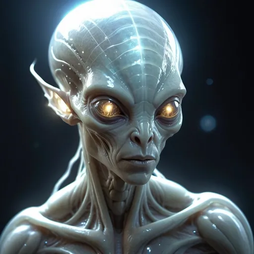 Prompt: fantchar, a translucent ethereal alien with delicate features in a sci-fi setting, glowing from within, sparks and lights, moonlight, moon, close-up, realistic, highly detailed, intricate