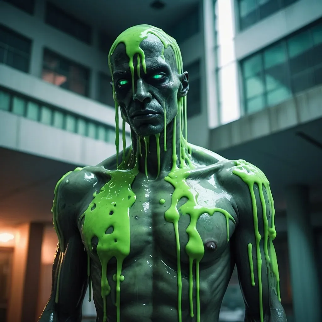 Prompt: Gloomy portrait of Grim covered in slime from Marvel with intricate angular cybernetic implants inside a brutalist building, abounded hospital, cyberpunk, award-winning photo, bokeh, neon sign lights, cybernetic limb