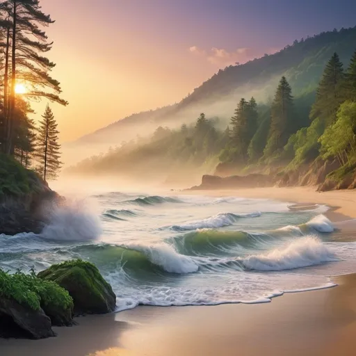 Prompt: Nature's Beauty: Create a wallpaper featuring a stunning landscape, like a serene beach at sunset or a lush forest in the morning mist.