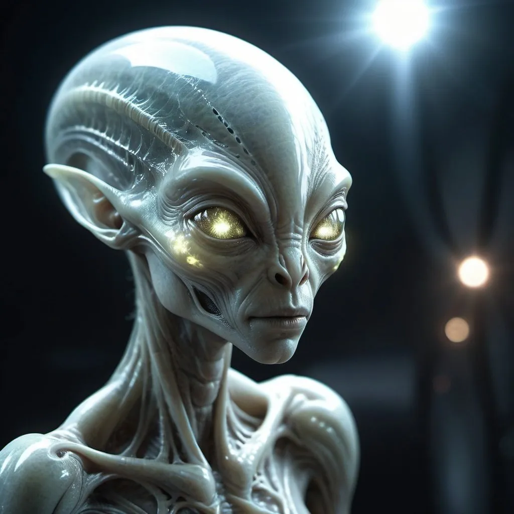 Prompt: fantchar, a translucent ethereal alien with delicate features in a sci-fi setting, glowing from within, sparks and lights, moonlight, moon, close-up, realistic, highly detailed, intricate