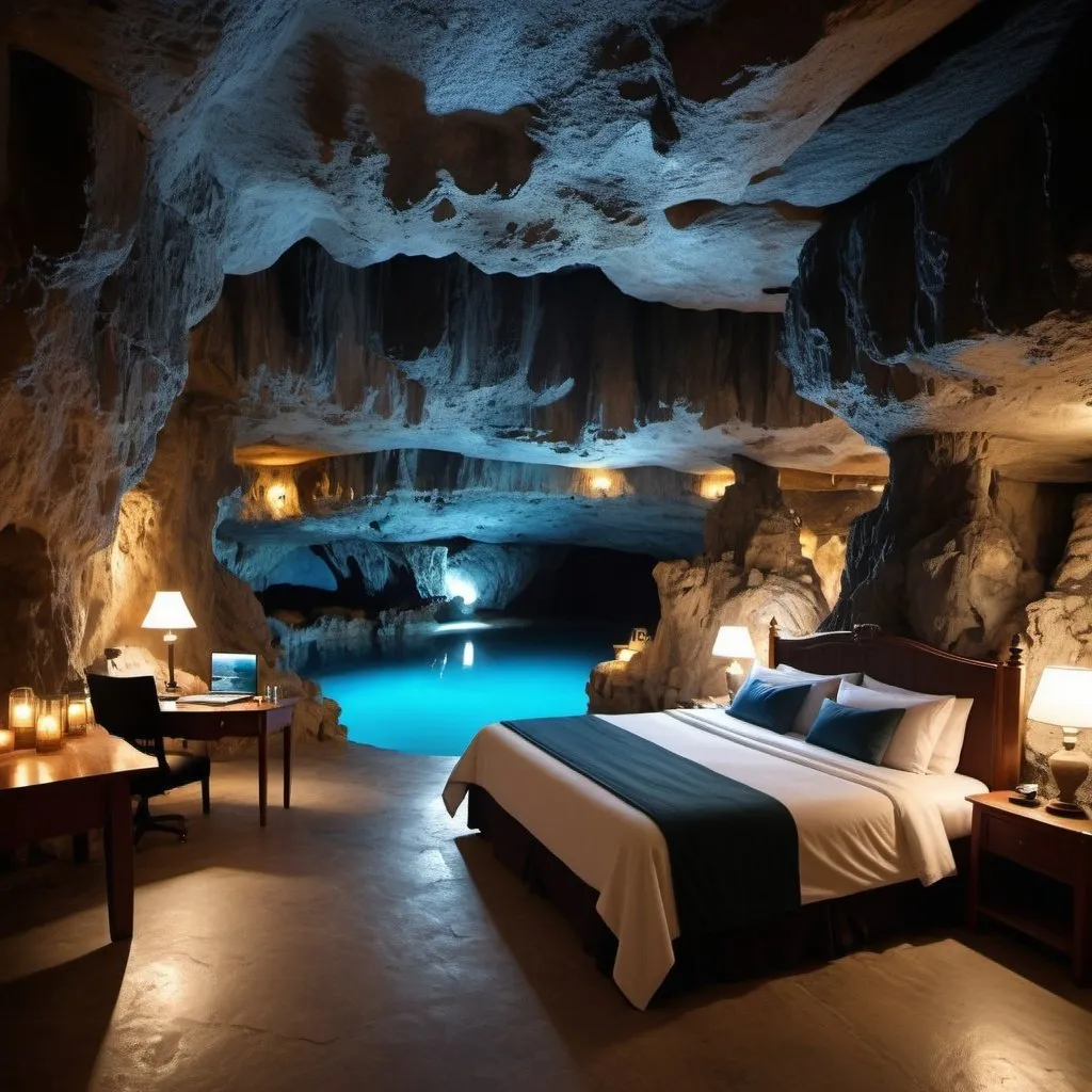 Prompt: make a photo-realistic image of a a large hotel room in the luxury hotell deep down in a large cave, 100 meters below ground. The cave is black, but many small lights make it light. Next to the hotel is a natural blue lake. The room is dark, with many small lights. It has a double bed and an indoor jacuzzi facing The cave