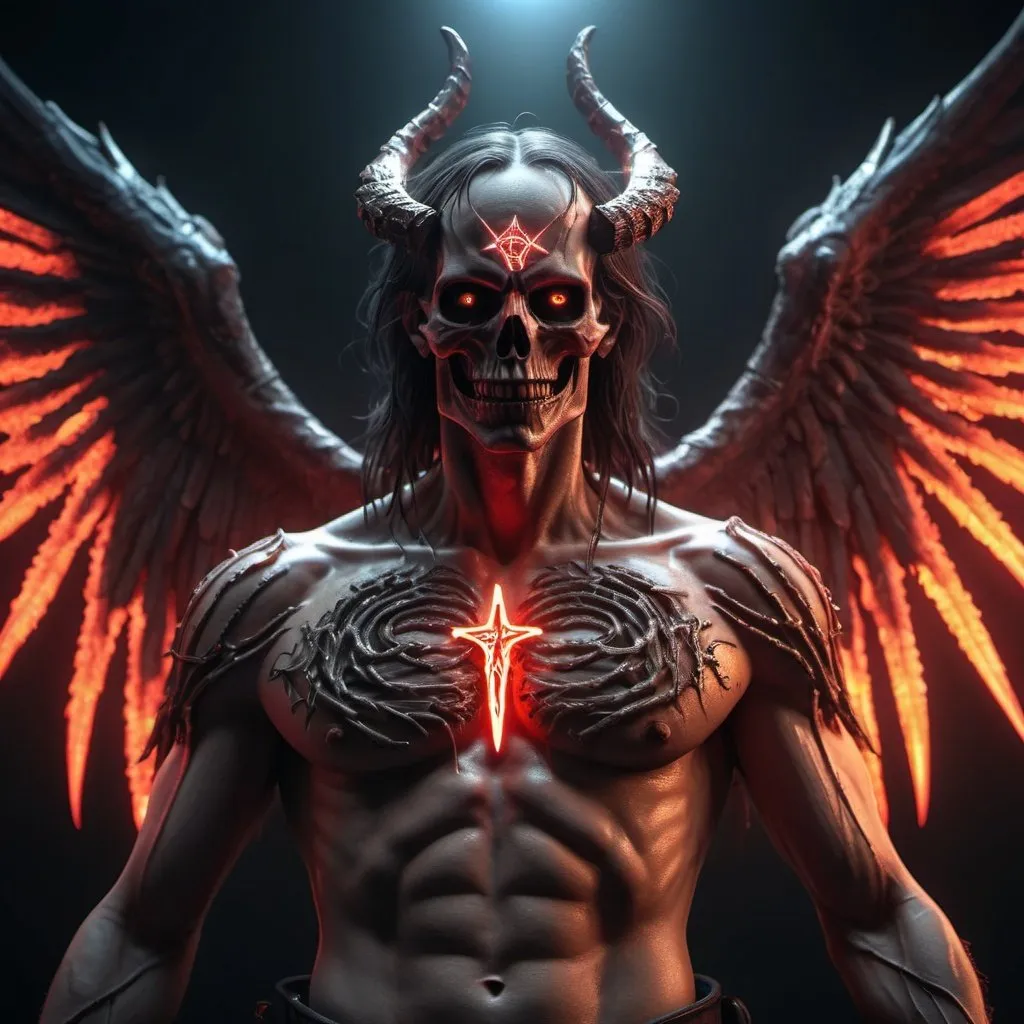 Prompt: Horror-themed realistic photo of a evil demon with rotting angel wings and holding a broadsword,glowing red pentagram burns like lava on his chest piece,unreal engine 5 quality render cinematic lighting 8k resolution concept art by giger trending on cgsociety,dramatic light,hdr,vivid color scheme,cyberpunk,neon noir style,sci-fi atmosphere,hyper realism,octane,god rays,volumetric,golden ratio,cool 4d,retrowave,in the year 2021,award winning masterpiece,depth,deep focus,black metal,true to life,natural skin,high detailed body,very detailed scene,shadows,detailed background,highly detailed skin,accurate to life,living image,amazingly lifelike .,glow effects,godrays,Hand drawn,render,8k,octane render,cinema 4d,blender,dark,atmospheric 4k ultra detailed,cinematic,Sharp focus,big depth of field,Masterpiece,colors,3d octane render,4k,concept art,trending on artstation,hyperrealistic,Eerie,unsettling,dark,spooky,suspenseful,grim,highly detailed,