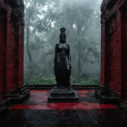 Prompt: A blood-red temple walls and floring in an ancient temple  stone statue of an ancient godess sculpture of divine gods in the rain forest mist smog and fog in the blood on the temple floor flooring atmosphere and pure black ston temple in the forest  cinematic photoshoot realistic lightings ulta hdr 32k high resolution, smooth and delicate skin, noble and elegant, ultra-realistic photography vibe, shot with Canon camera, intricate details, 32k --ar 16:9 --s 750 --v 6.1