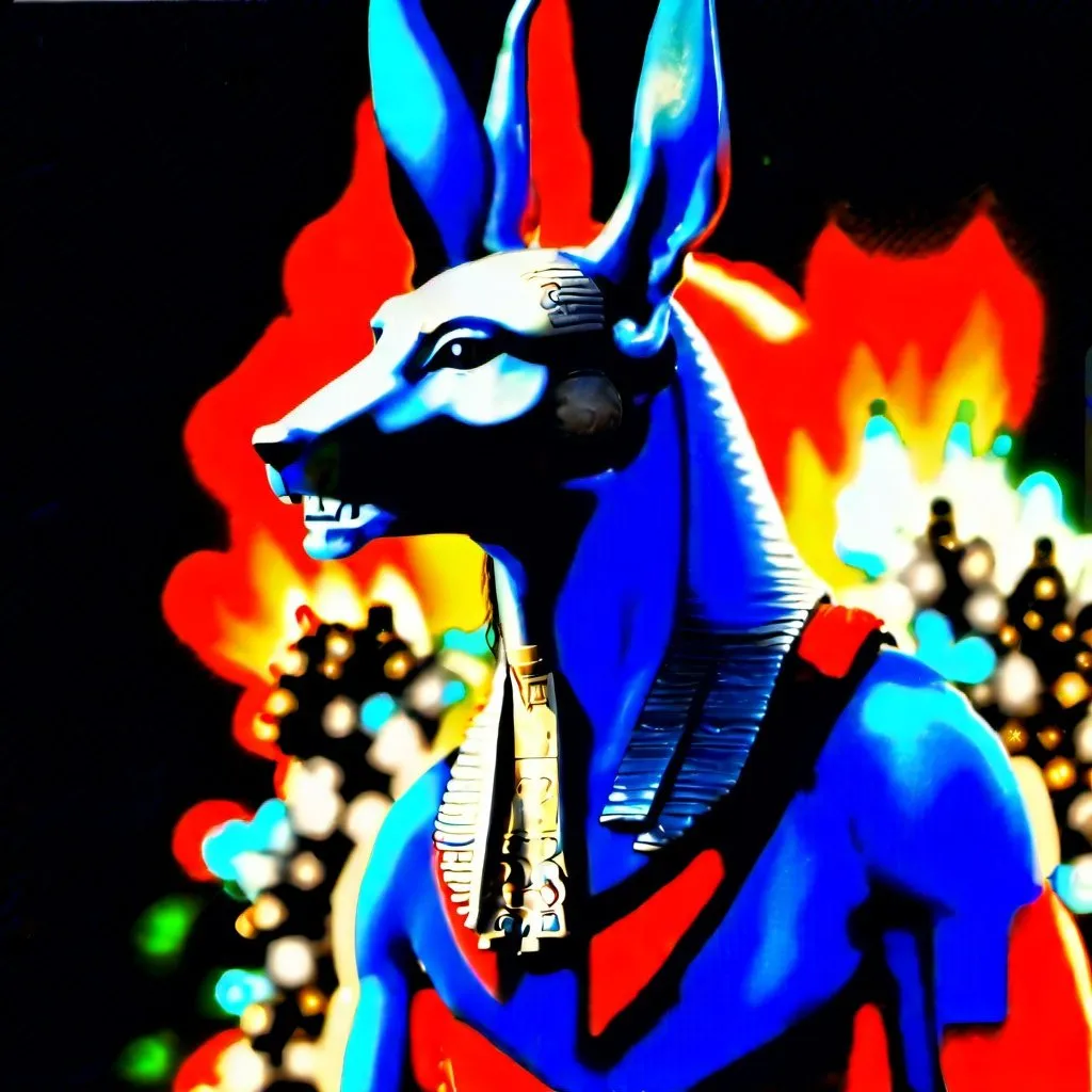 Prompt: color photograph of the Egyptian God Anubis as real life living god in majestic and beautiful pose guiding soul to the afterlife in surreal funeral ceremony at night by fire light from ancient egypt with modern photography f/64 --ar 16:9