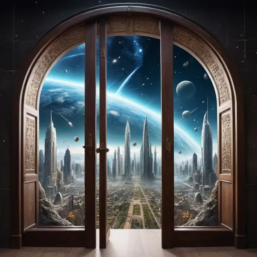 Prompt: in a panoramic view，photorealestic，The two worlds are on the left and right sides of the screen，On the left is the sci-fi modern city and army，On the right are the cities and armies of the ancient magical era，The middle of the two pictures is connected by an arched door full of mystery，Inside the arched door is the cosmic starry sky