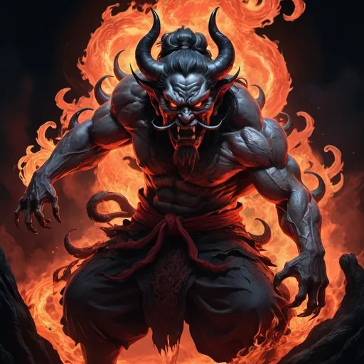 Prompt: Hell Demon, Black-scaled youkai, Chinese legend hell scene, Extreme horror, Zhang Yimou's film style, The picture is bright, Extremely detailed line drawings CG artwork, See the devil clearly, Demonic face, Detailed face, There is an open and clenched fist state, Light and shadow effect, Beautiful and dynamic pose, Detailed rendering, Colorful scenes, Full of depth, Vibrant lighting effects, Sketch a magnificent and mysterious atmosphere