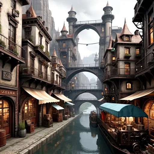Prompt: ((masterpiece)),((best quality)),((high detial)),((realistic,))
Industrial age city, deep canyons in the middle, architectural streets, bazaars, Bridges, rainy days, steampunk, European architecture