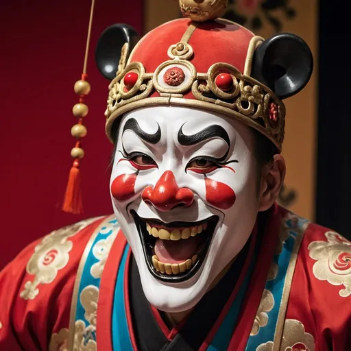 Prompt: (A close-up of an actor being exaggeratedly laughed at by a Sichuan opera clown),The upper part of the body，Center the face，Big red nose，Big red nose，Panda makeup，Smoky makeup，crazy, clown face，Clown makeup， (Sichuan Opera and Peking Opera,masks）,  Sichuan opera, Classic repertoire, Masquerade masks，golden colored，red colour，colorful mask，Evil smile, Open your mouth and laugh，Black P masquerade mask, with detailed facial features, drama masks, Realistic, (Left and right asymmetry)
Masterpiece, Intricate details,hyper HD, Masterpiece, ccurate, Anatomically correct, Textured skin, High details, Award-Awarded, High quality, A high resolution, Best quality, 8K
