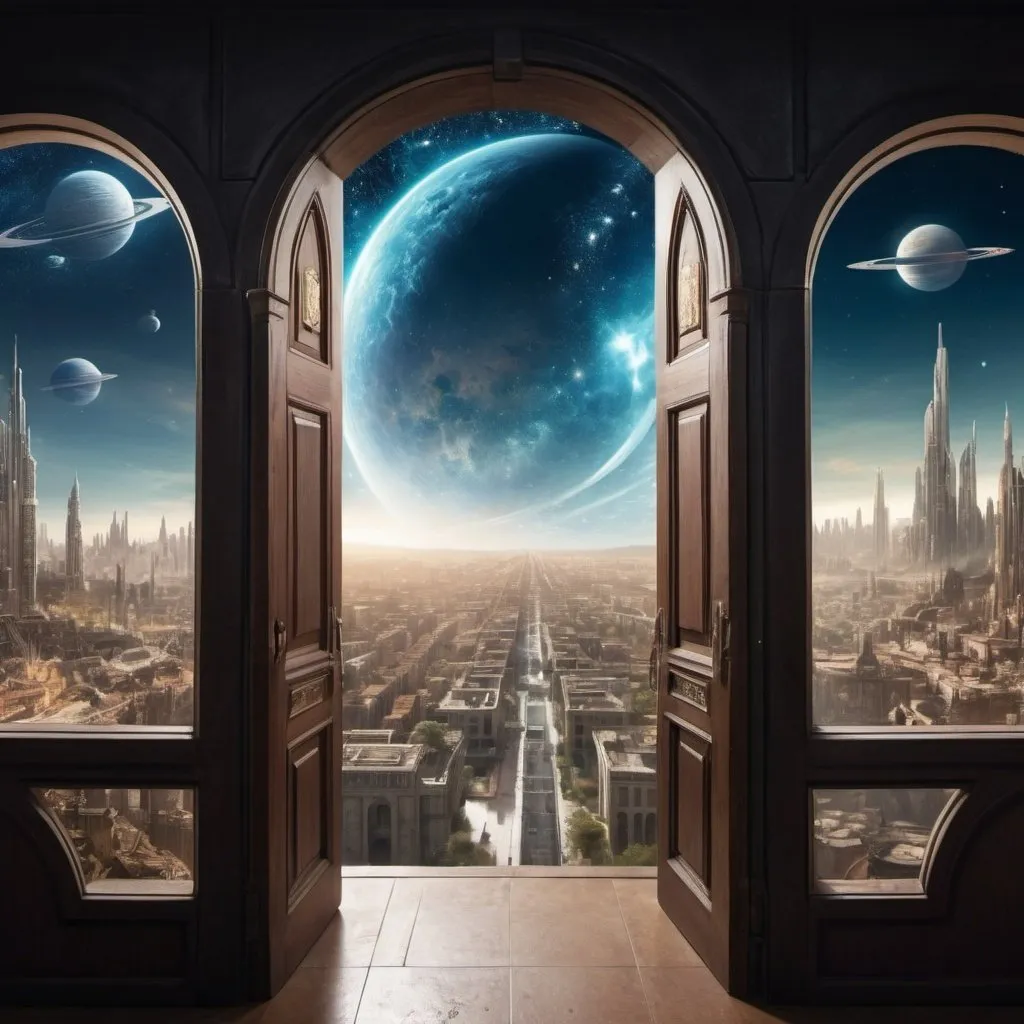 Prompt: in a panoramic view，photorealestic，The two worlds are on the left and right sides of the screen，On the left is the sci-fi modern city and army，On the right are the cities and armies of the ancient magical era，The middle of the two pictures is connected by an arched door full of mystery，Inside the arched door is the cosmic starry sky