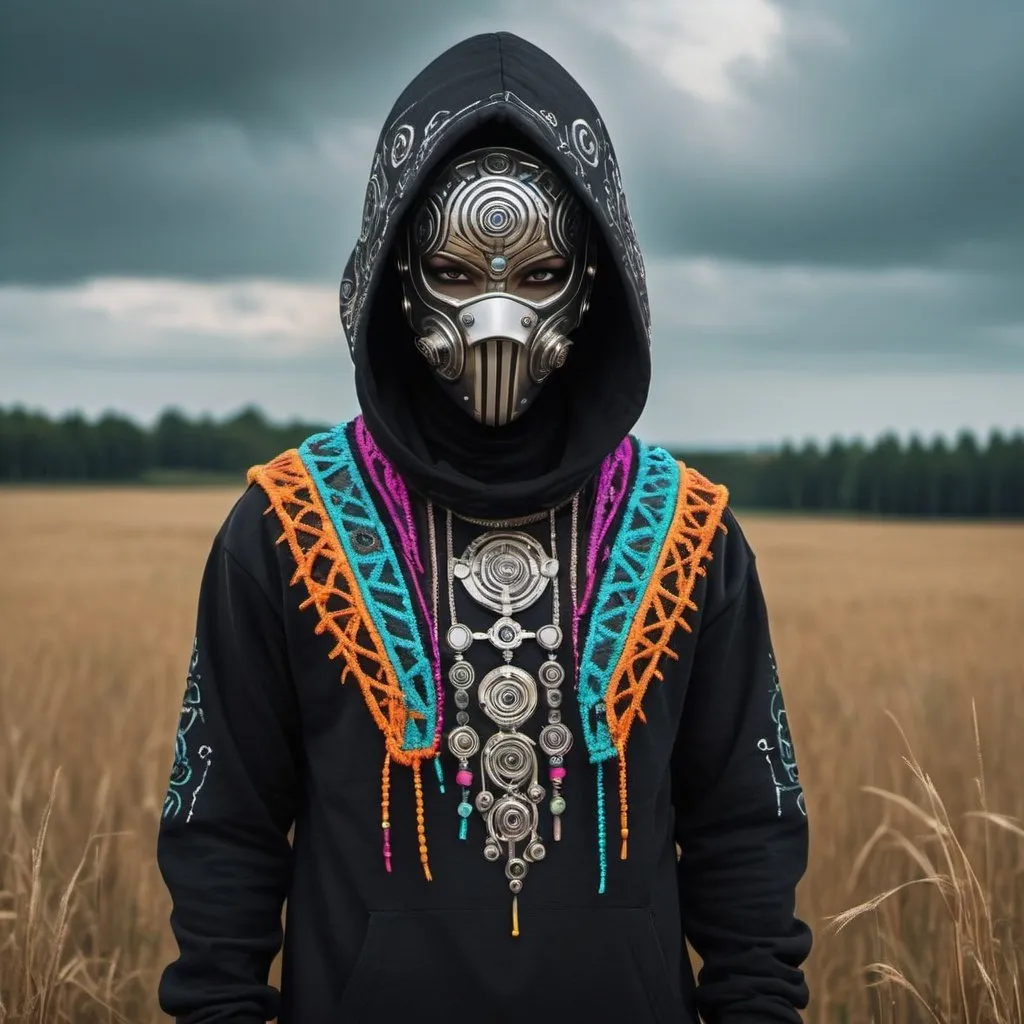 Prompt: a person standing in a field with a hood on  a cyberpunk tribal colourful mask on cyberpunk  tribal ornaments and wearing cyberpunk jwellery with a cyberpunk tribal colourful full body wear, with cyberpunk cryptics on the body wear a character portrait by Nína Tryggvadóttir, behance contest winner, neo-primitivism, apocalypse art, dystopian art, made of beads and yarn

