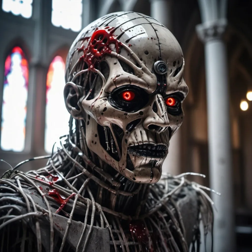 Prompt: Grim portrait of the DC Scarecrow with intricate angular cybernetic implants Face wrapped in plastic, blood splashes on the plastic, inside a brutalist building, gothic brutalist cathedral, cyberpunk, Foto premiada, Bokeh, Neon lights, cybernetic limb