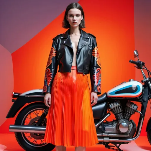 Prompt: a woman wearing a  dress made from leather, which is a mix motorcycle jacket and a long pleated skirt. With colourfull red orange neon patterns  Digital print to with still life, backdrop minimal stage, 3 variations on models