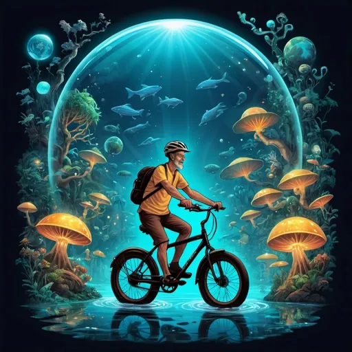 Prompt: Illustration for t-shirt design in theme of luminous wonderland for LED lighting Dr Albert Hoffman riding his bycycle with his trails museum names Glow Planet. The are zone about avatar jumgle, underwater world, reflection light tube