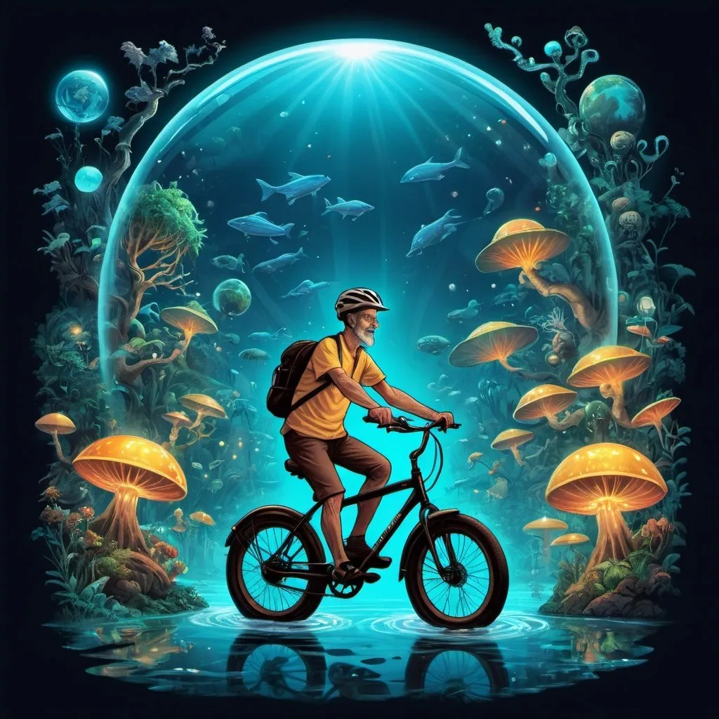 Prompt: Illustration for t-shirt design in theme of luminous wonderland for LED lighting Dr Albert Hoffman riding his bycycle with his trails museum names Glow Planet. The are zone about avatar jumgle, underwater world, reflection light tube
