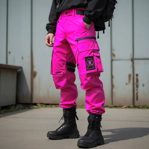 Prompt: Tech wear herb olive pants with multipal tactical pockets for storage straps and cryptic symbols in uv neon pink Japanese streat wear cargo pants