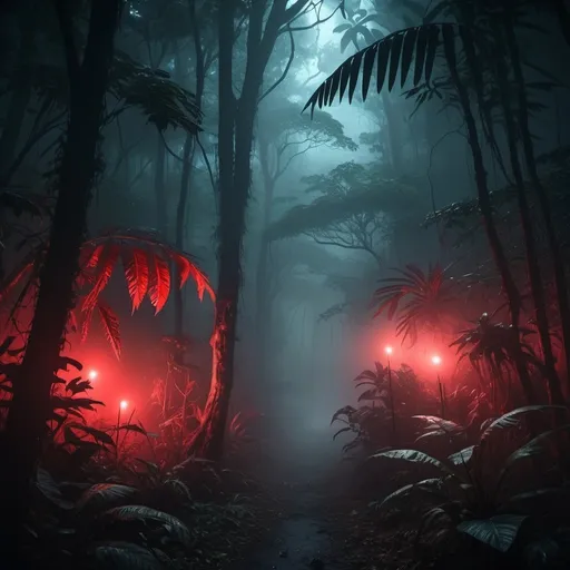 Prompt: Create a rainforest with mist and fog in the atmosphere with with neon red glowing lights behind the trees and an scary horrofing entity standing in the forest cinematic photoshoot