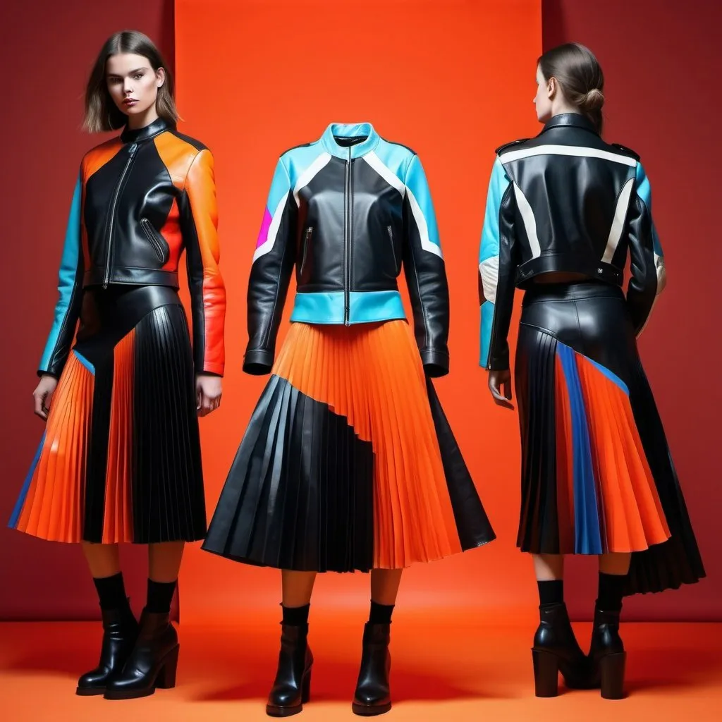 Prompt: a woman wearing a  dress made from leather, which is a mix motorcycle jacket and a long pleated skirt. With colourfull red orange neon patterns  Digital print to with still life, backdrop minimal stage, 3 variations on models