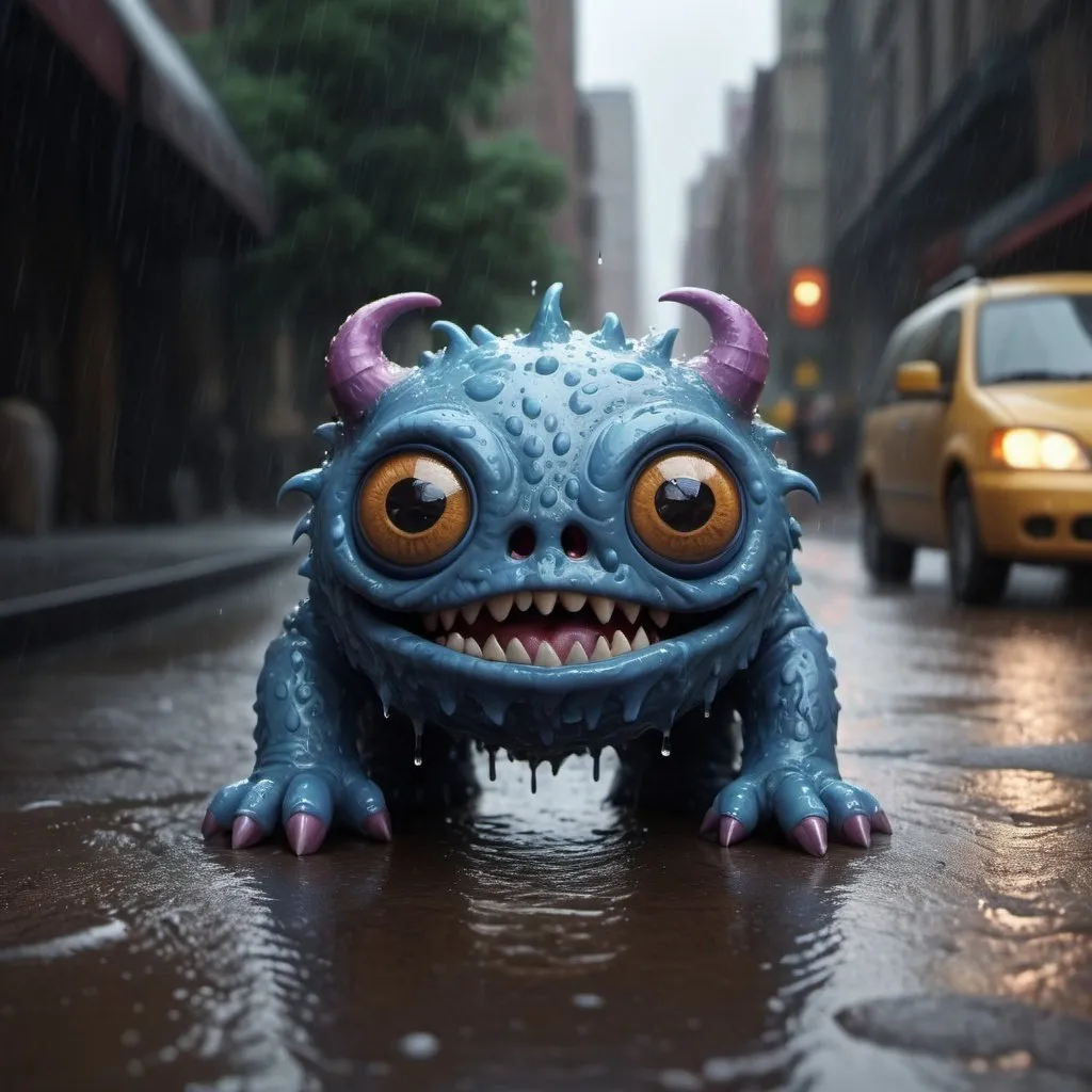 Prompt: hyper realistic, cute monster, rain effect, 64k resolution photorealistic Masterpiece by Ridley Scott, intricately detailed fluid painting, HD, professional photography, dark lighting, volumetric lighting maximalist photo illustration, 64k resolution concept art with intricately detailed, complex, elegant, expansive, fantastical, ultra sharp, k,