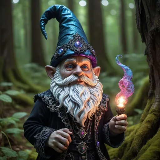 Prompt: In a dimly lit forest clearing, a gothic psychedelic gnome emerges: his twisted features highlighted by vibrant swirls of color, his ornate garments a mix of velvet and lace. This hauntingly beautiful scene is captured in a high fashion photograph, showcasing every intricate detail in stunning clarity. His gnarled staff glows with mystical energy, swirling around him in an ethereal dance. The overall effect is a mesmerizing mix of darkness and opulence, inviting viewers to delve into the fantastical world of the mysterious gnome.