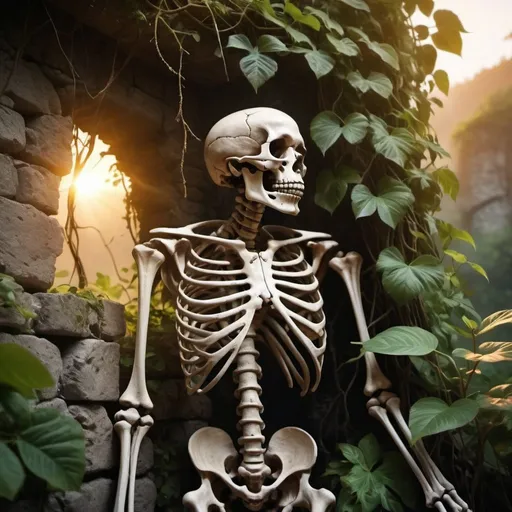 Prompt: photo realistic, steaming thick jungle, hard to see bones of a human skeleton trapped in vines against a stone wall, lost treasure, cinematic lighting, sunset, 