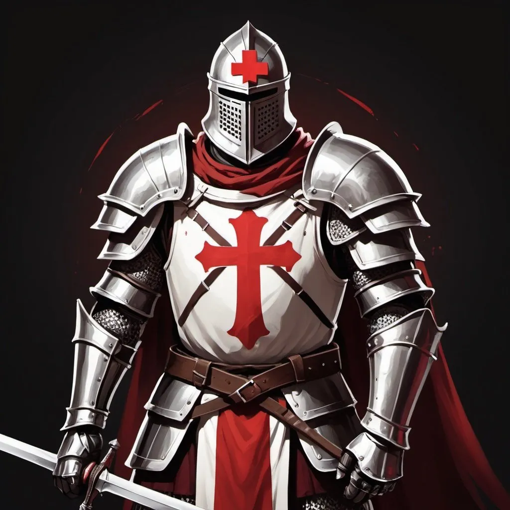 Prompt: An illustration of a Templar knight in full armor, with a white and red cross on his chest, holding two swords. The background is a dark red. In the style of art, character design for a game. --ar 3:4 --s 750 --v 6.0