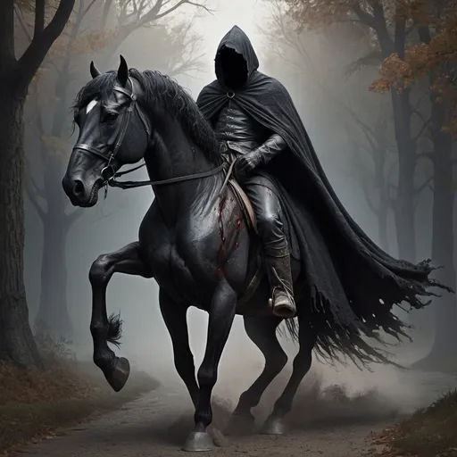 Prompt: ral-mythcr, headless horseman, mythical creature, a photorealistic image of a headless horseman, the horseman, headless rider, clad in dark, tattered clothing of an ancient style, rides a powerful black horse 