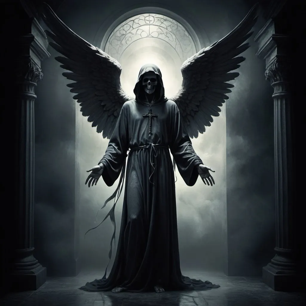 Prompt: Striking illustration of the Angel of Death., A mysterious and ethereal figure who guards the threshold between life and death.. His presence is enigmatic and powerful...., con alas inmensas que se extienden hacia el horizonte y una mirada penetrante que transmite serenidad y temor. He uses cool tones and deep shadows to emphasize his ethereal nature and his connection to the realm of death......(dark lighting), ( ethereal lighting),(Spectral illumination)