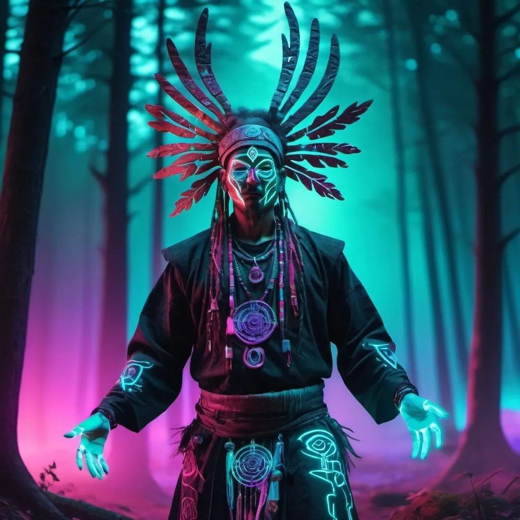 Prompt: Cyberpunk forest neon sfumato wide shot of a cyberpunk dancing shaman with a shamanic mask  with shamanic ornaments | forest background | colourfull  hued gradient effect | futuristic glowing runes --ar 16:9 --s 120 --style raw --v 6.0