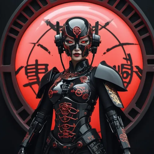 Prompt: (((Best quality))), ((masterpiece)) full body, young female Japanese femme fatale cyborg assassin, (((holding two katanas))) with a black glossy futuristic mask, dark grey metal body armour, wearing by a (((traditional black kimono embroidered in gold and red feudal Japanese symbols, neo-futuristic visual aesthetic, ((perfect robotic eyes)) ((perfect symmetry)), perfect face, perfect body, detailed white ink body art, dark palette, hint of black-neon, neo-noir Japanese, colourful tag graffiti on metal body frame and helmet, dark neo-noir cyberpunk minimalism, dieselpunk vs rococopunk, dark palette minimalism, {{dark neo-noir Japanese dark gothic art}} by ESAU, Moebius, Dan hillier, Jakub Rebelka, (((and a world-first reimagined digital Leonardo da vanci)), HQ digital matte painting, additional collaborating artist—Marcin blaszczack, trending on artstation and this is cool, the composition is dark & futuristic with a twist of retro 80’s retro & synthwave visual aesthetic, sci-fi horror, dark sci-fi horror overtones, a red moon behind dark post-apocalyptic buildings background, dark sinister clouds, dystopian vibes, a dash of (dark pulp-surrealism), hauntingly beautiful, cgsociety, lo-fi dark grungecore, black neon, apocalypse art, dystopian art, sabattier filter, cinematic lighting, dieselpunk, black ink splattering and oil colour grunge, enigmatic, forbidden art, robot erotica, perfect composition, fit in-frame, strangely ominous, nightmarefuel, intricate details,neon horror st,ory, 3d maya, unreal engine render, a dark narrative is unfolding, 4K