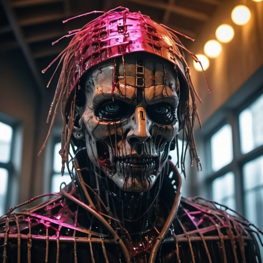 Prompt: Grim portrait of the DC Scarecrow with intricate angular cybernetic implants Face wrapped in plastic, blood splashes on the plastic, inside a brutalist building, gothic brutalist cathedral, cyberpunk, Foto premiada, Bokeh, Neon lights, cybernetic limb