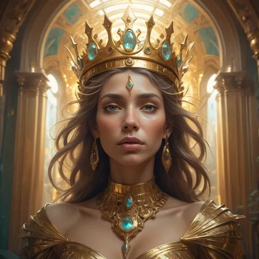 Prompt: The image of an Araved woman wearing a golden crown and divine light, artgerm julie bell beeple, beeple and alphonse mucha, 4k highly detailed digital art, greg beeple, intricate wlop, Tomasz Alen Kopera and CGsociety, Beeple and Jeremiah Ketner, artgem and beeple masterpiece