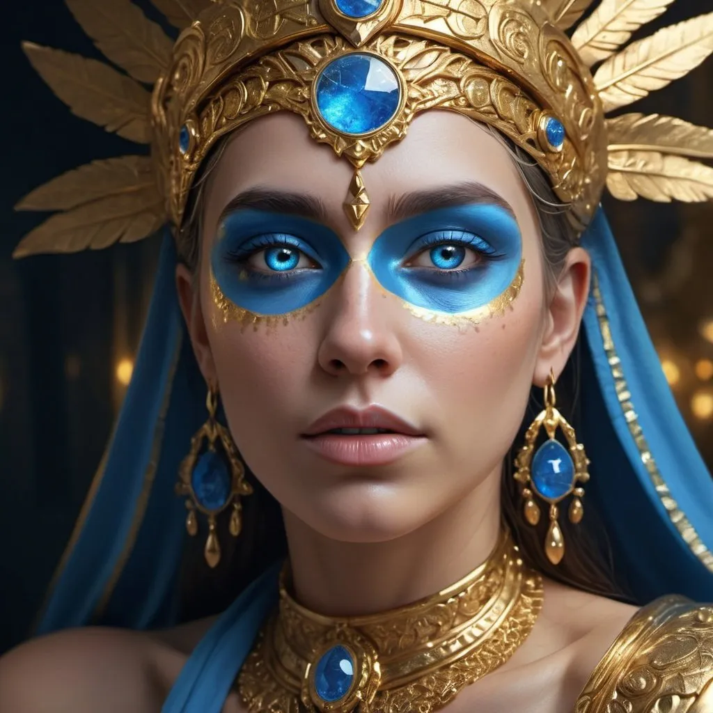 Prompt: a close up of a woman with a gold headdress and a blue face, goddess. extremely high detail, extremely detailed goddess shot, goddess close-up portrait, 4k highly detailed digital art, god. dramatic gold blue lighting, fantasy art behance, detailed fantasy digital art, portrait of a beautiful goddess, 4 k detail fantasy, a stunning portrait of a goddess