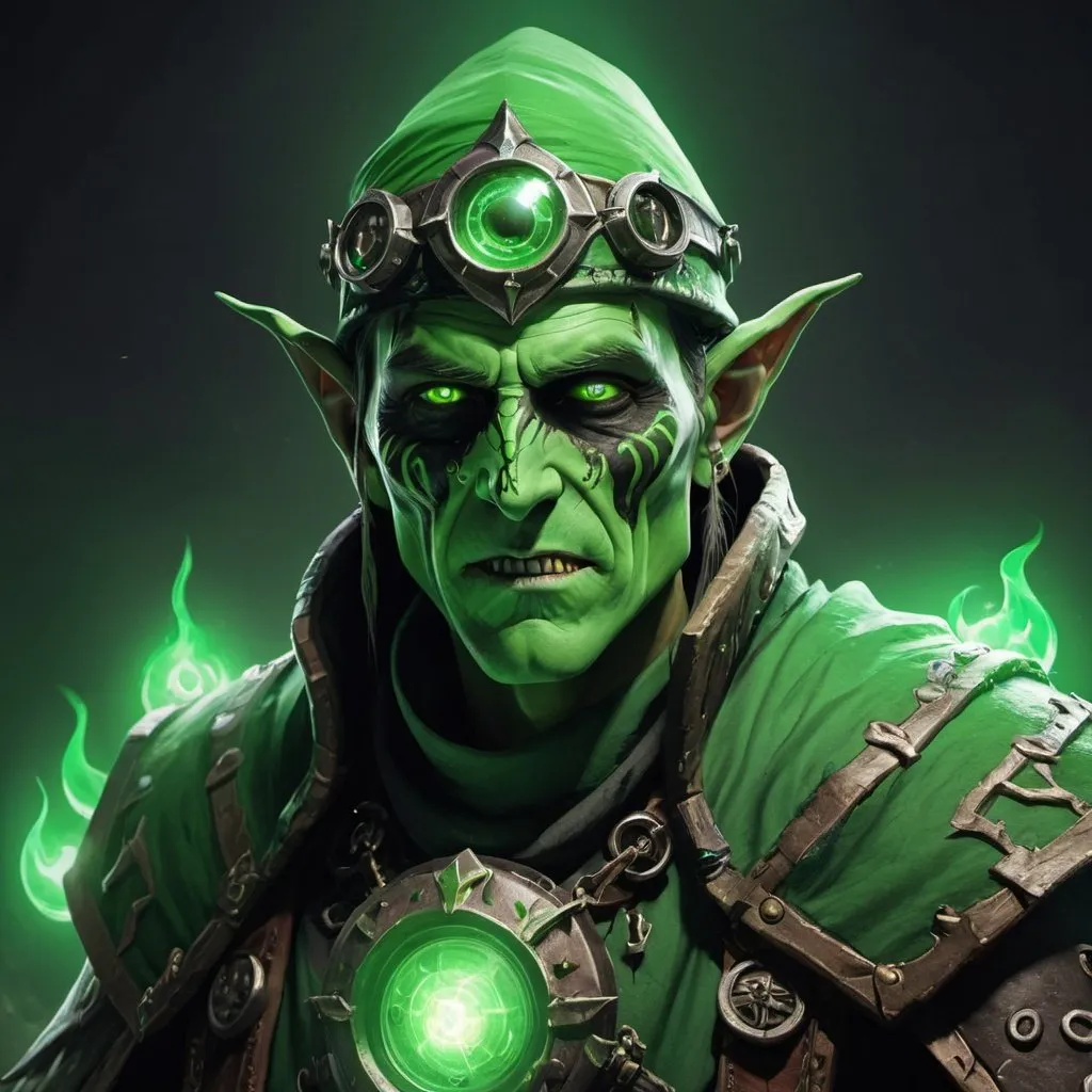 Prompt: arafed man in a green costume with a green light on his face, from vermintide 2 video game, world of warcraft elven druid, undead mage, cyborg necromancer, necromancer, benevolent android necromancer, undead lich, steampunk arcane shaman, demon necromancer, portrait of the old necromancer