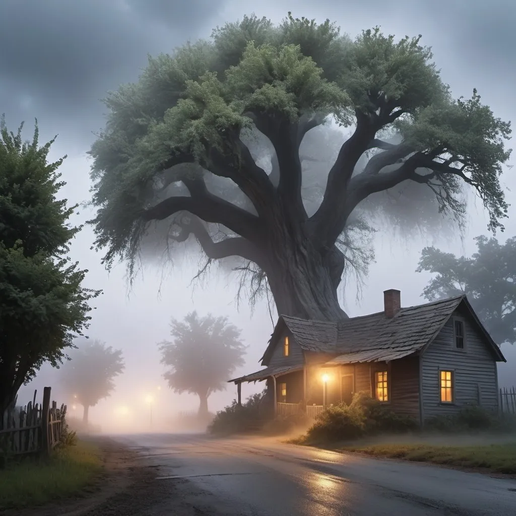 Prompt: Create a village road house with a dried huge tree with mist and mog in the atmosphere twilight zone 