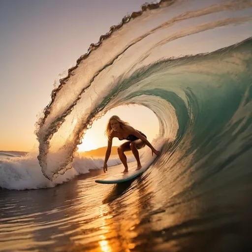 Prompt: inside the wave, surfer, inside a barreling wave, dirty blonde woman, 27 years old, sunset orange in background, long shot, high quality photography