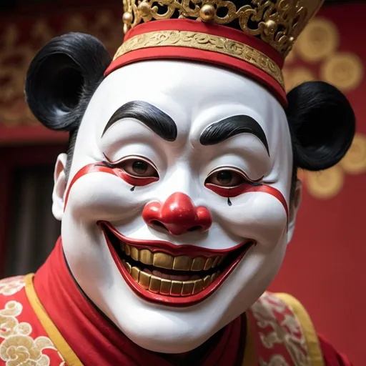 Prompt: (A close-up of an actor being exaggeratedly laughed at by a Sichuan opera clown),The upper part of the body，Center the face，Big red nose，Big red nose，Panda makeup，Smoky makeup，crazy, clown face，Clown makeup， (Sichuan Opera and Peking Opera,masks）,  Sichuan opera, Classic repertoire, Masquerade masks，golden colored，red colour，colorful mask，Evil smile, Open your mouth and laugh，Black P masquerade mask, with detailed facial features, drama masks, Realistic, (Left and right asymmetry)
Masterpiece, Intricate details,hyper HD, Masterpiece, ccurate, Anatomically correct, Textured skin, High details, Award-Awarded, High quality, A high resolution, Best quality, 8K