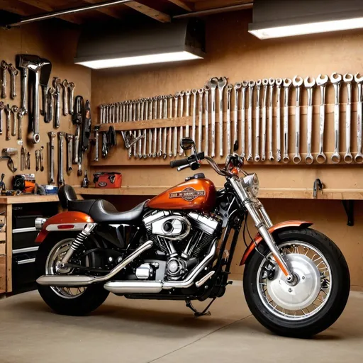 Prompt: Harley Davidson in the garage. Lots of shiny tools hanging on the wall.