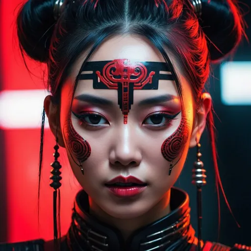 Prompt: Cyber punk glitch art Close-up of woman with red and black makeup, Oriental Face, beautiful oriental woman, detailed face of a asian girl, inspired by Hedi Xandt, portrait shot, asian face, asian woman, Regal and formidable appearance, Dramatic lighting on the face, Portrait of a cyberpunk samurai, inspired by Jin Nong