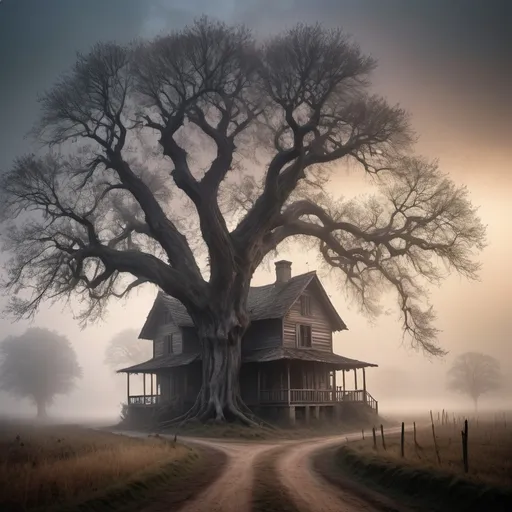 Prompt: Create a village road house with a dried huge tree with mist and fogg in the atmoSphere with turning darkness in the aky