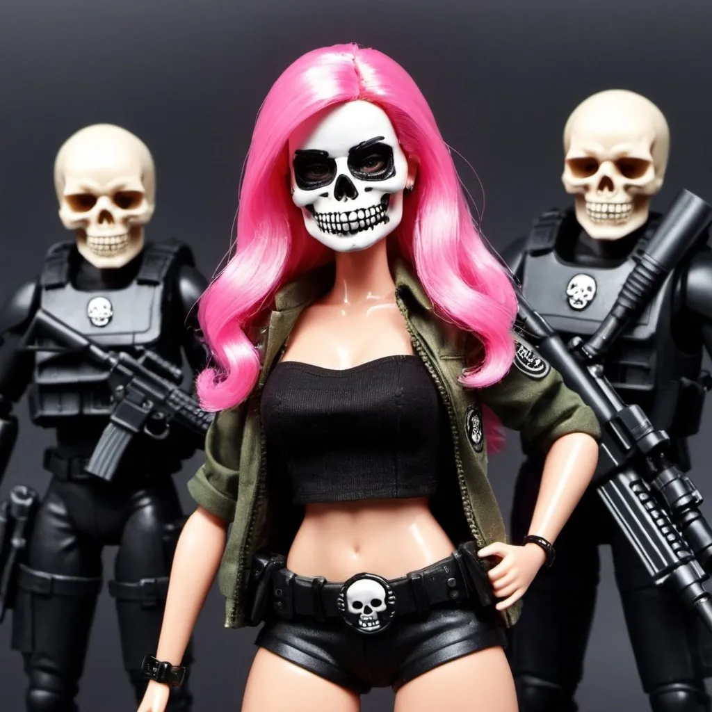Prompt: Loiras Barbie, fofo, Girly, skull mask, armadura, army, segurando arma, The Death Squad